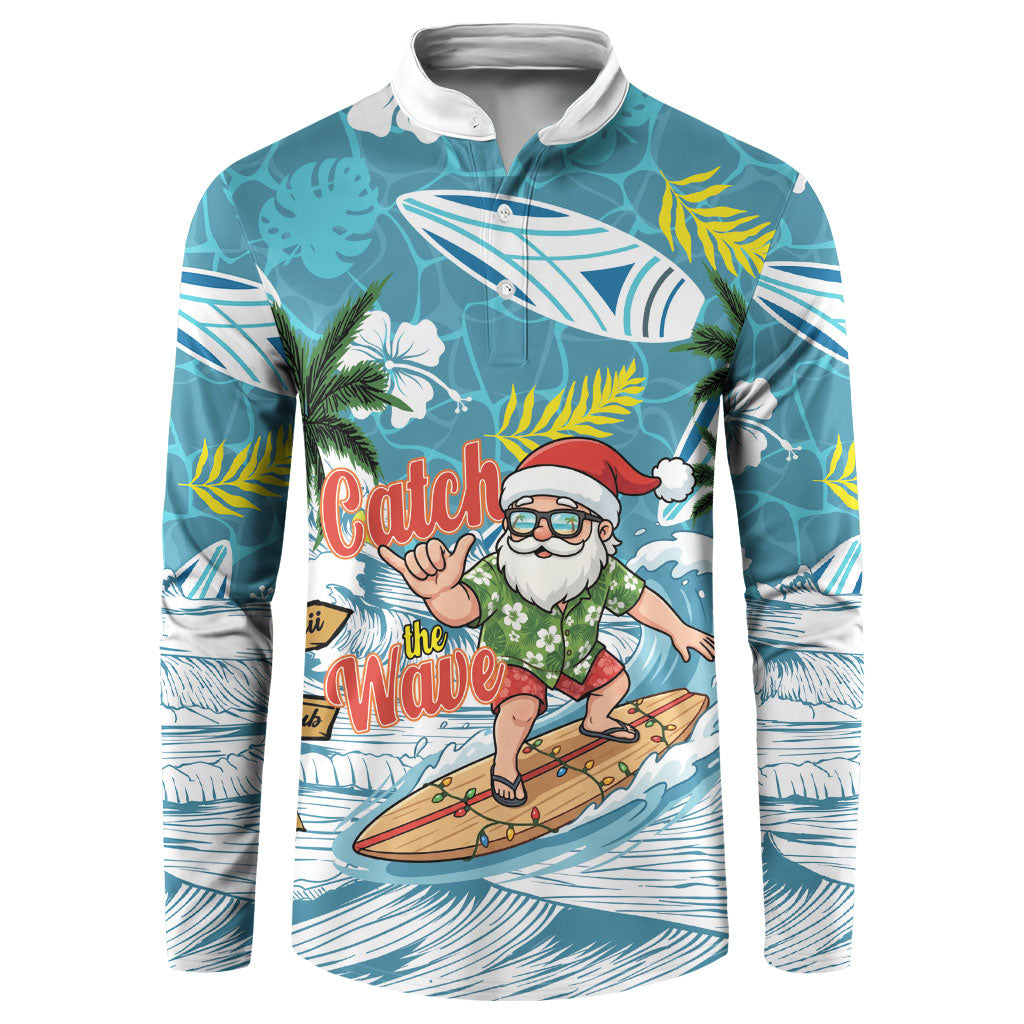 Hawaii Summer Christmas Button Sweatshirt Surfing Santa Shaka Catch The Wave LT14 Teal - Polynesian Pride
