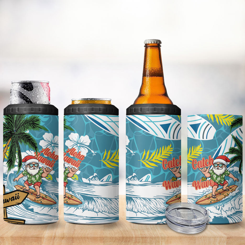 Hawaii Summer Christmas 4 in 1 Can Cooler Tumbler Surfing Santa Shaka Catch The Wave