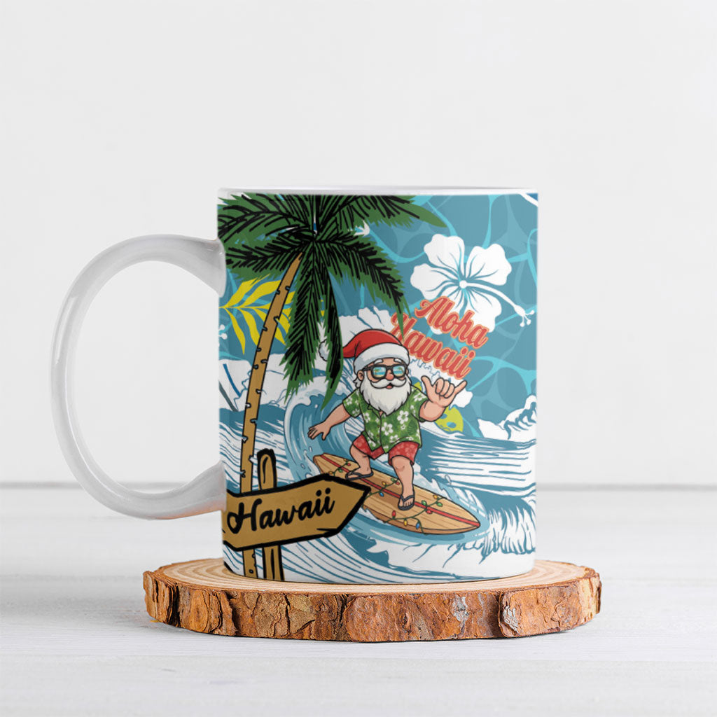 Hawaii Summer Christmas Ceramic Mug Surfing Santa Shaka Catch The Wave