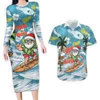 Hawaii Summer Christmas Couples Matching Long Sleeve Bodycon Dress and Hawaiian Shirt Surfing Santa Shaka Catch The Wave