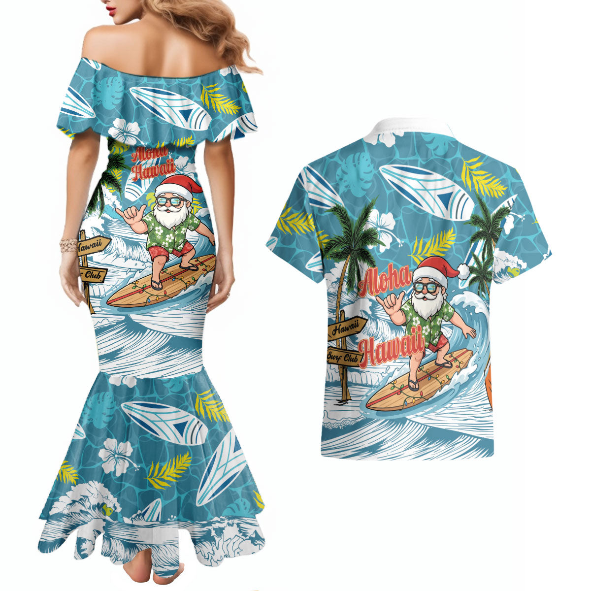 Hawaii Summer Christmas Couples Matching Mermaid Dress and Hawaiian Shirt Surfing Santa Shaka Catch The Wave