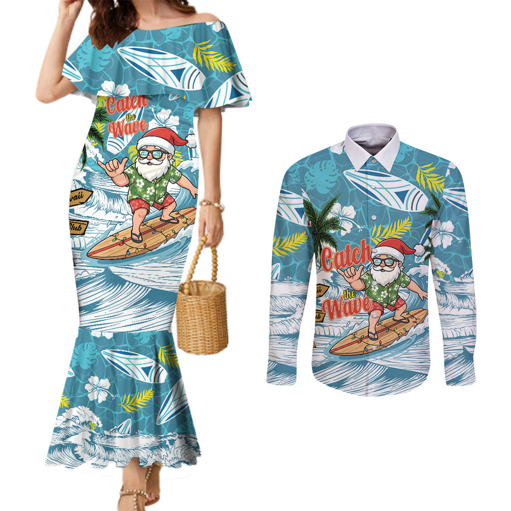 Hawaii Summer Christmas Couples Matching Mermaid Dress and Long Sleeve Button Shirt Surfing Santa Shaka Catch The Wave