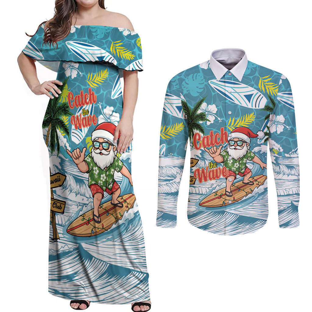 Hawaii Summer Christmas Couples Matching Off Shoulder Maxi Dress and Long Sleeve Button Shirt Surfing Santa Shaka Catch The Wave LT14 Teal - Polynesian Pride