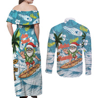 Hawaii Summer Christmas Couples Matching Off Shoulder Maxi Dress and Long Sleeve Button Shirt Surfing Santa Shaka Catch The Wave