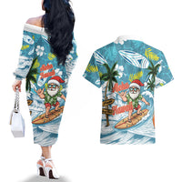 Hawaii Summer Christmas Couples Matching Off The Shoulder Long Sleeve Dress and Hawaiian Shirt Surfing Santa Shaka Catch The Wave
