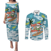 Hawaii Summer Christmas Couples Matching Puletasi and Long Sleeve Button Shirt Surfing Santa Shaka Catch The Wave