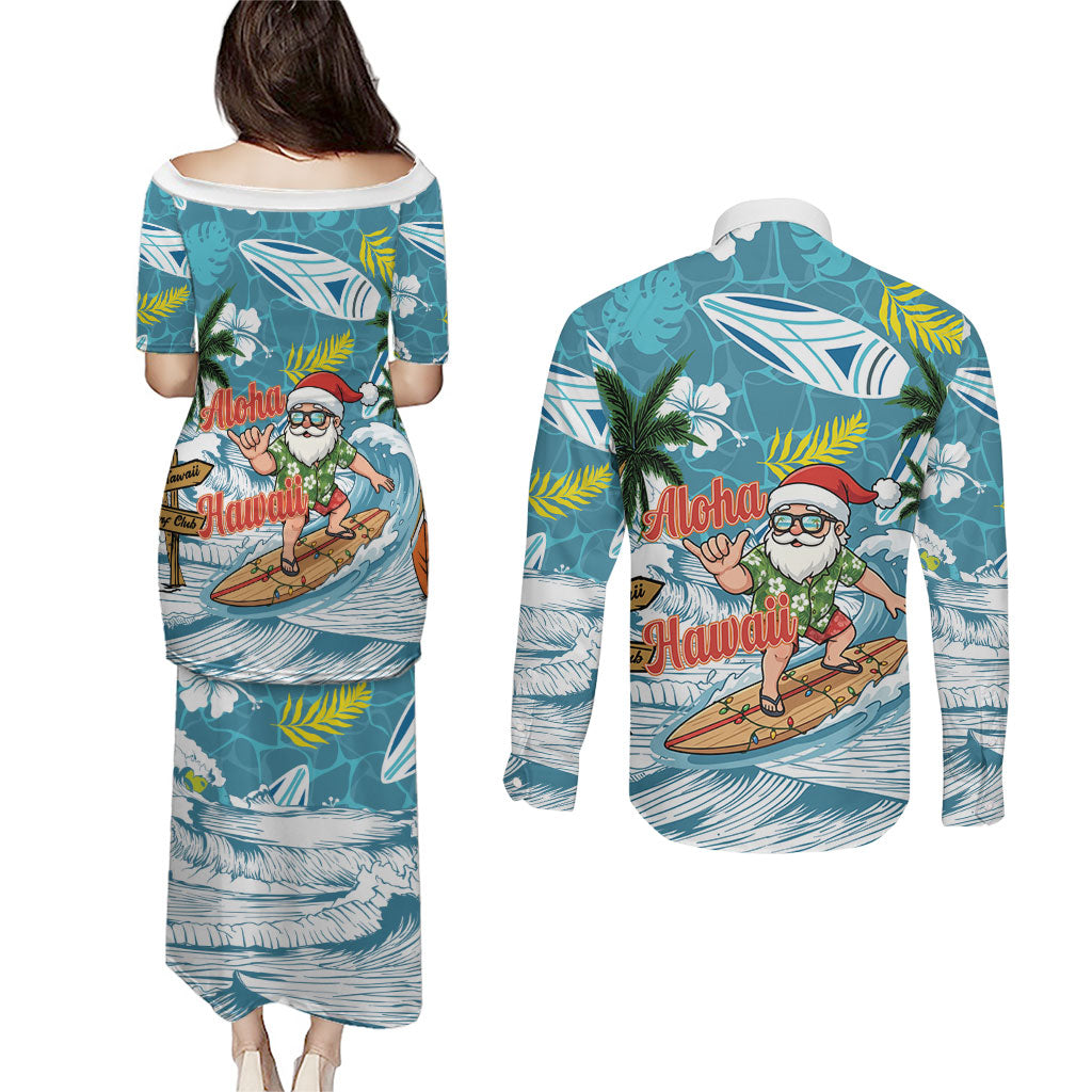 Hawaii Summer Christmas Couples Matching Puletasi and Long Sleeve Button Shirt Surfing Santa Shaka Catch The Wave