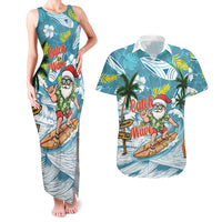 Hawaii Summer Christmas Couples Matching Tank Maxi Dress and Hawaiian Shirt Surfing Santa Shaka Catch The Wave