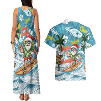 Hawaii Summer Christmas Couples Matching Tank Maxi Dress and Hawaiian Shirt Surfing Santa Shaka Catch The Wave
