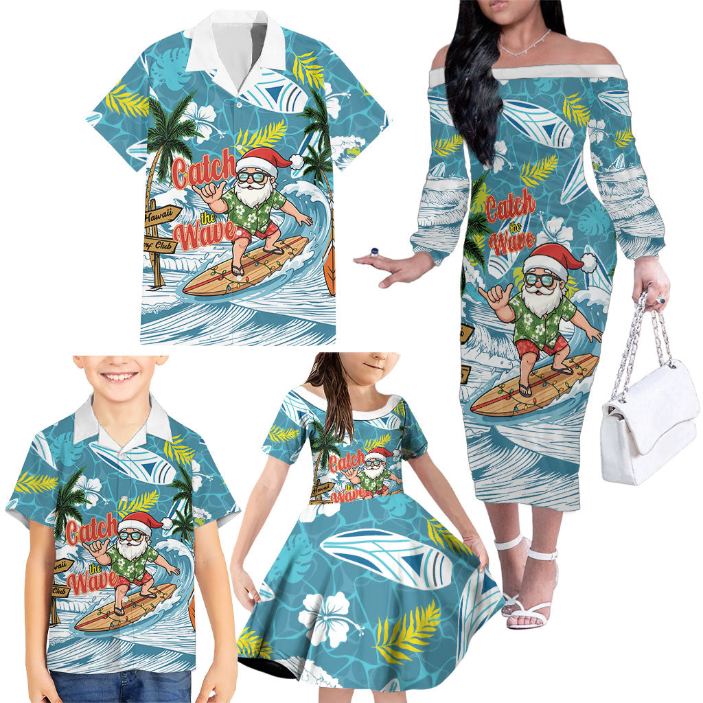Hawaii Summer Christmas Family Matching Off The Shoulder Long Sleeve Dress and Hawaiian Shirt Surfing Santa Shaka Catch The Wave