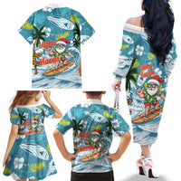Hawaii Summer Christmas Family Matching Off The Shoulder Long Sleeve Dress and Hawaiian Shirt Surfing Santa Shaka Catch The Wave