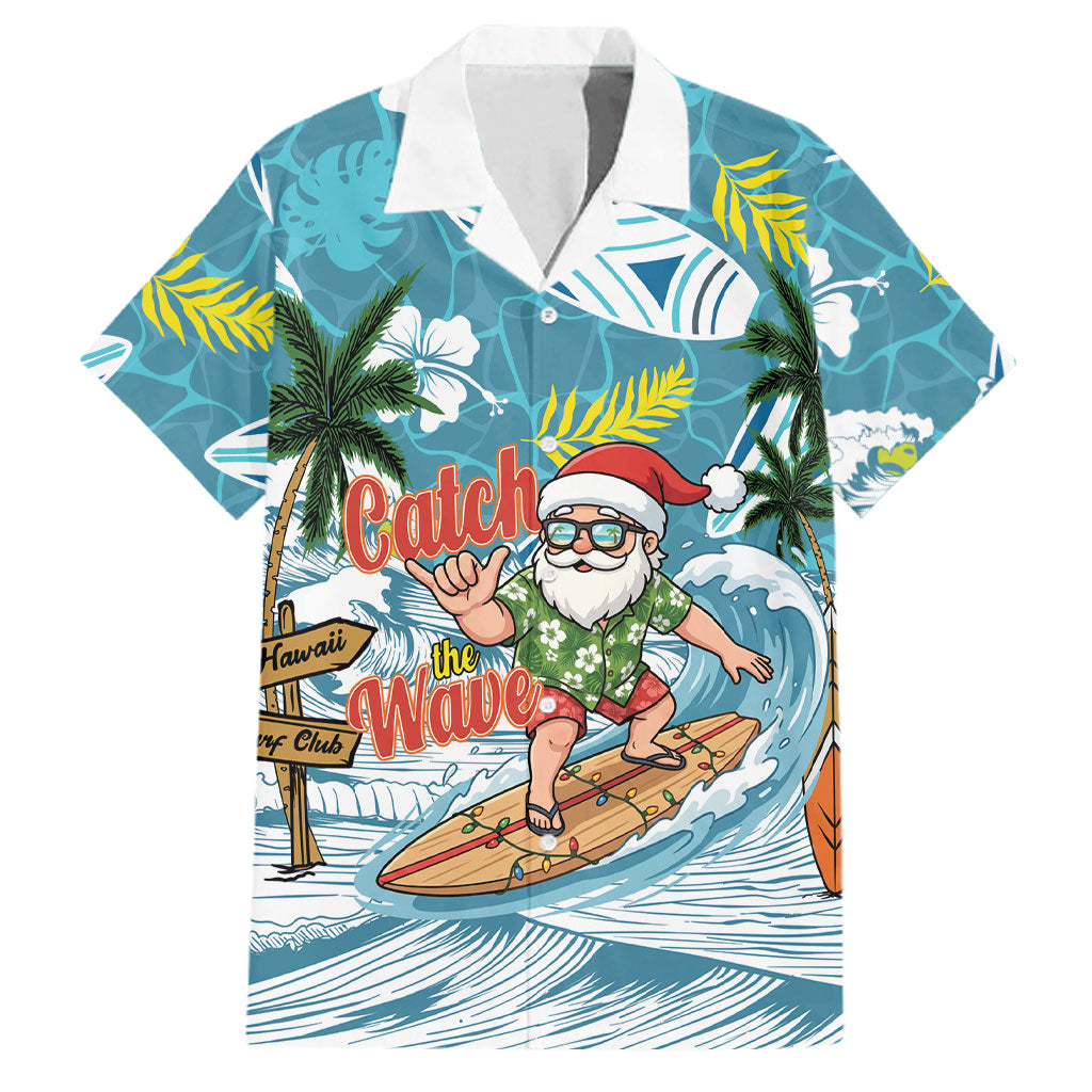 Hawaii Summer Christmas Family Matching Off The Shoulder Long Sleeve Dress and Hawaiian Shirt Surfing Santa Shaka Catch The Wave