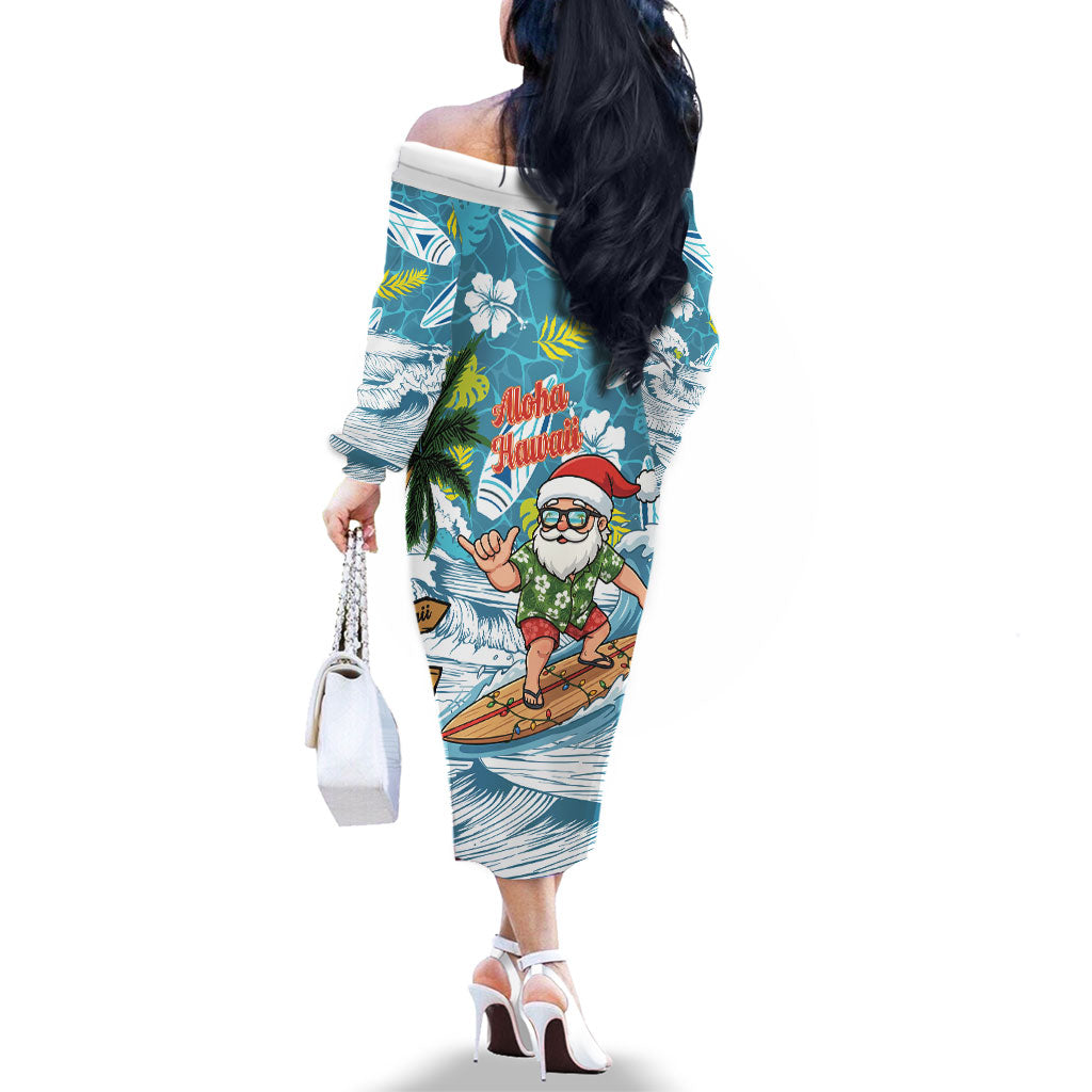 Hawaii Summer Christmas Family Matching Off The Shoulder Long Sleeve Dress and Hawaiian Shirt Surfing Santa Shaka Catch The Wave
