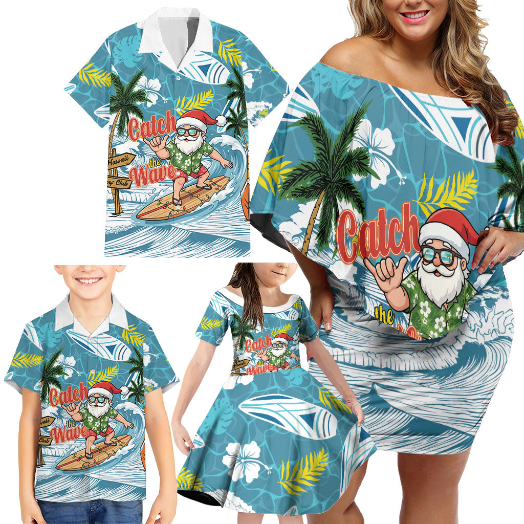 Hawaii Summer Christmas Family Matching Off Shoulder Short Dress and Hawaiian Shirt Surfing Santa Shaka Catch The Wave
