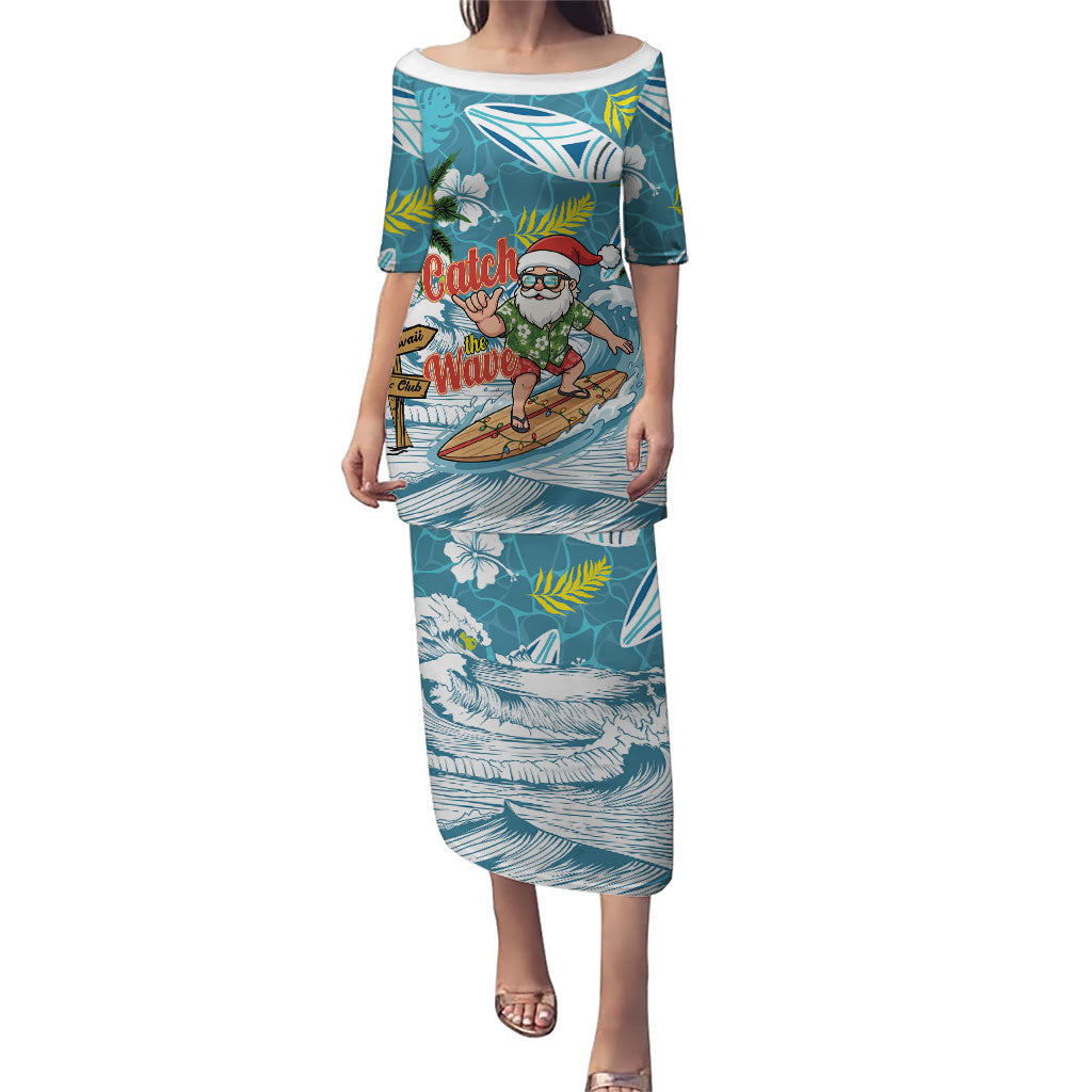 Hawaii Summer Christmas Family Matching Puletasi and Hawaiian Shirt Surfing Santa Shaka Catch The Wave