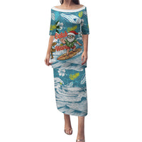 Hawaii Summer Christmas Family Matching Puletasi and Hawaiian Shirt Surfing Santa Shaka Catch The Wave
