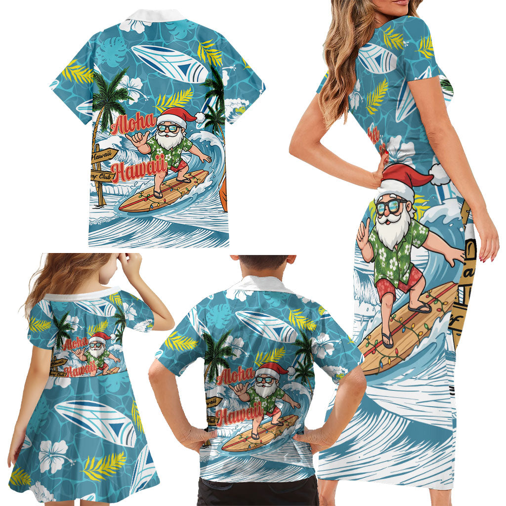Hawaii Summer Christmas Family Matching Short Sleeve Bodycon Dress and Hawaiian Shirt Surfing Santa Shaka Catch The Wave