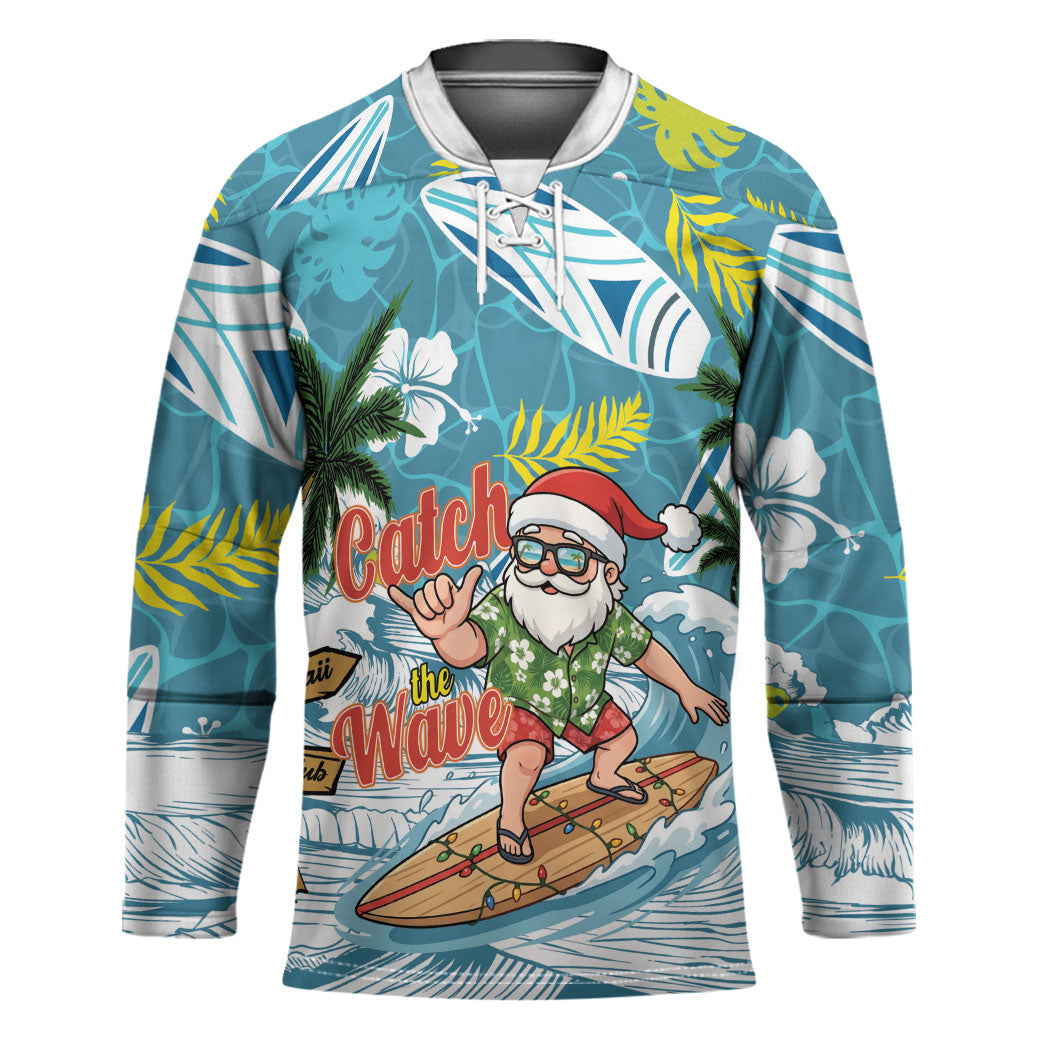 Hawaii Summer Christmas Hockey Jersey Surfing Santa Shaka Catch The Wave LT14 Unisex Teal - Polynesian Pride
