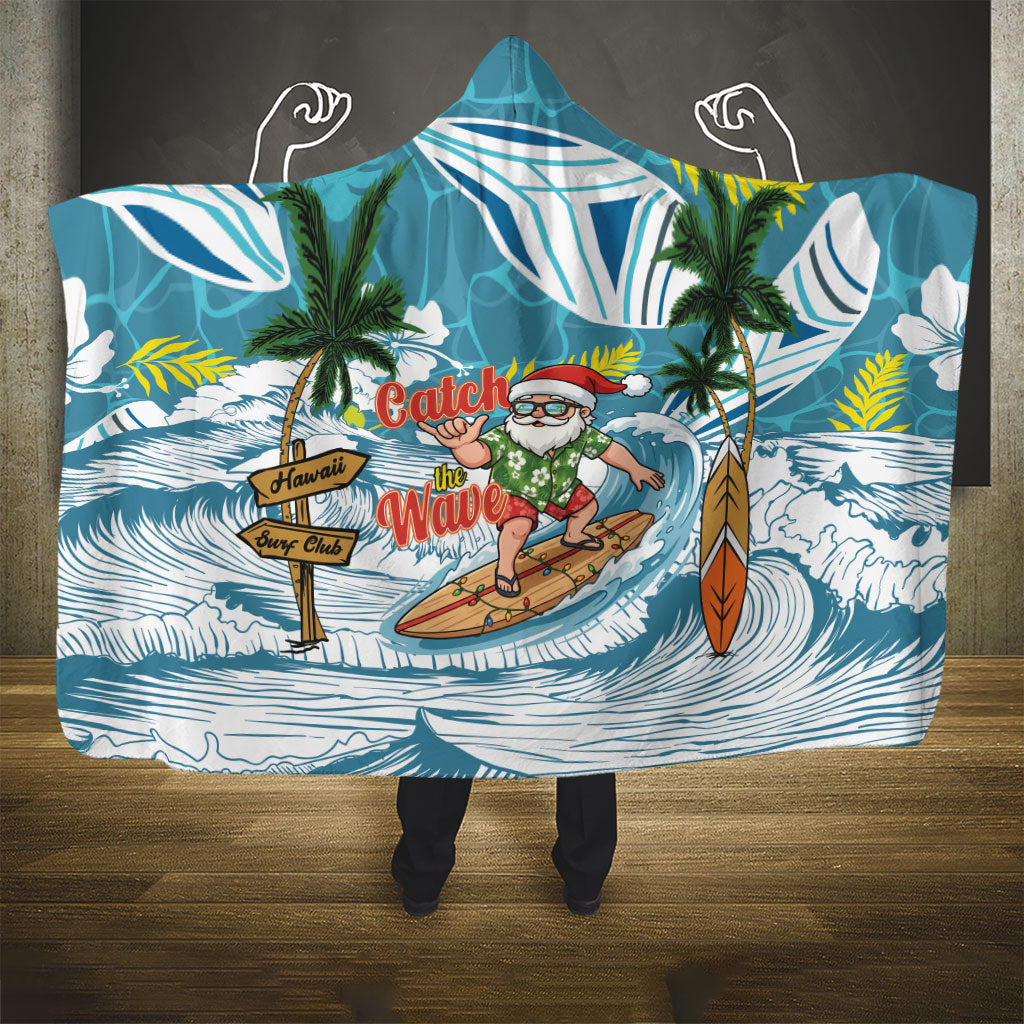 Hawaii Summer Christmas Hooded Blanket Surfing Santa Shaka Catch The Wave