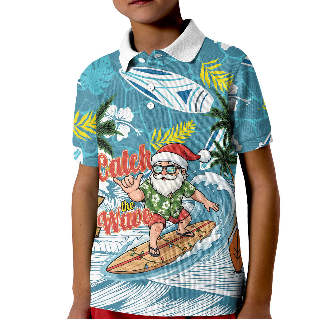 Hawaii Summer Christmas Kid Polo Shirt Surfing Santa Shaka Catch The Wave