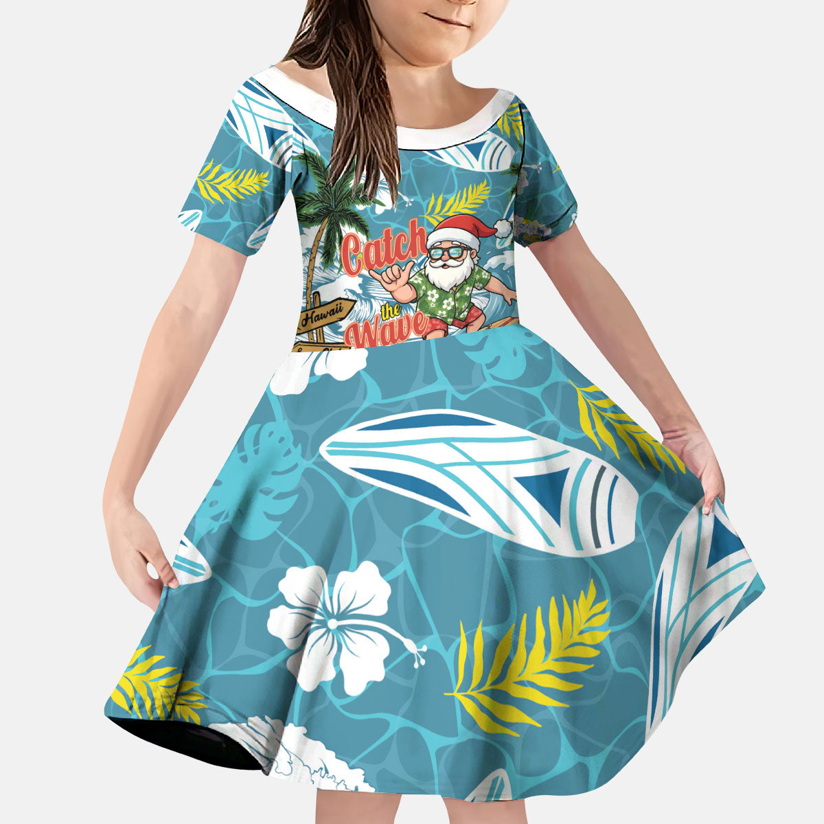 Hawaii Summer Christmas Kid Short Sleeve Dress Surfing Santa Shaka Catch The Wave