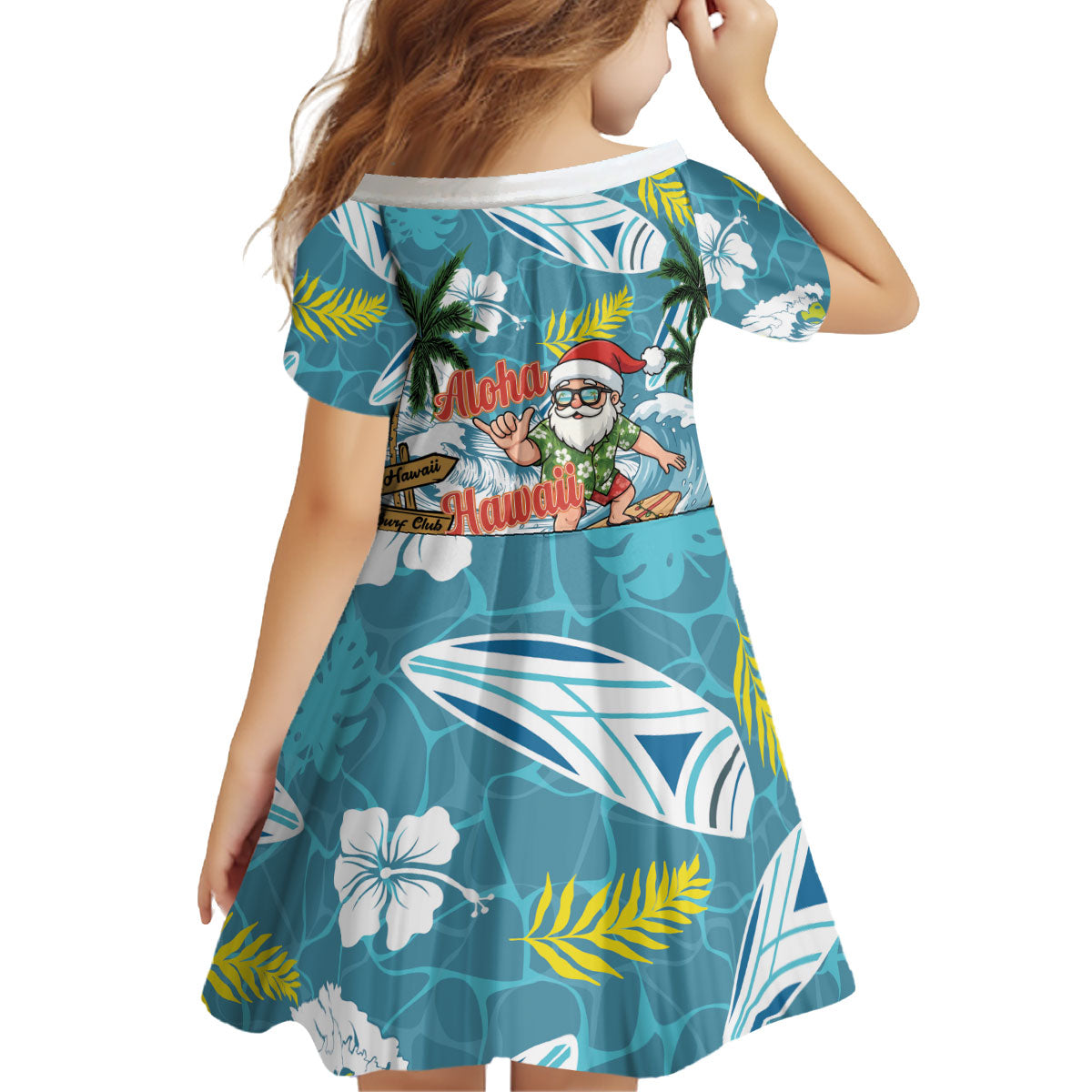 Hawaii Summer Christmas Kid Short Sleeve Dress Surfing Santa Shaka Catch The Wave