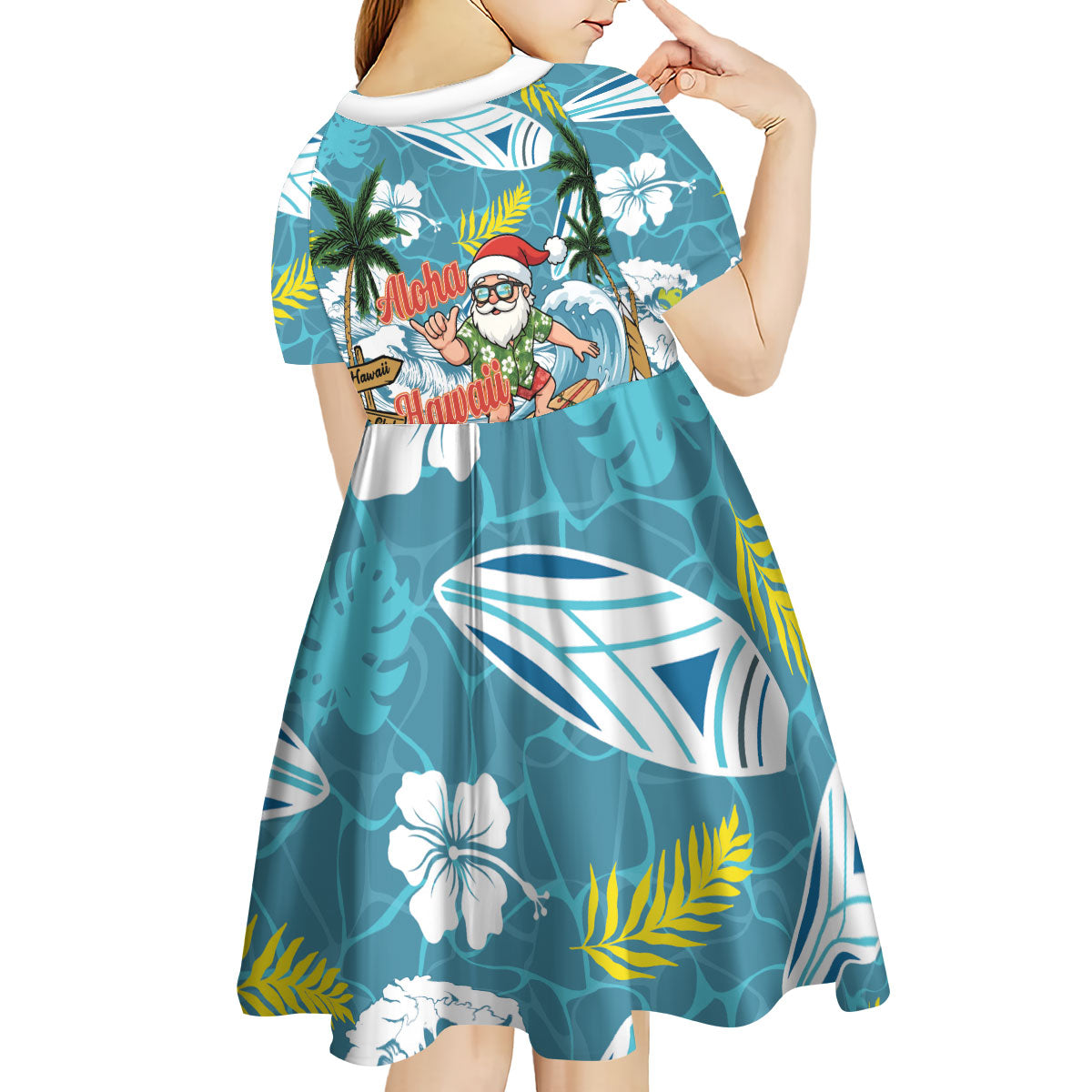Hawaii Summer Christmas Kid Short Sleeve Dress Surfing Santa Shaka Catch The Wave