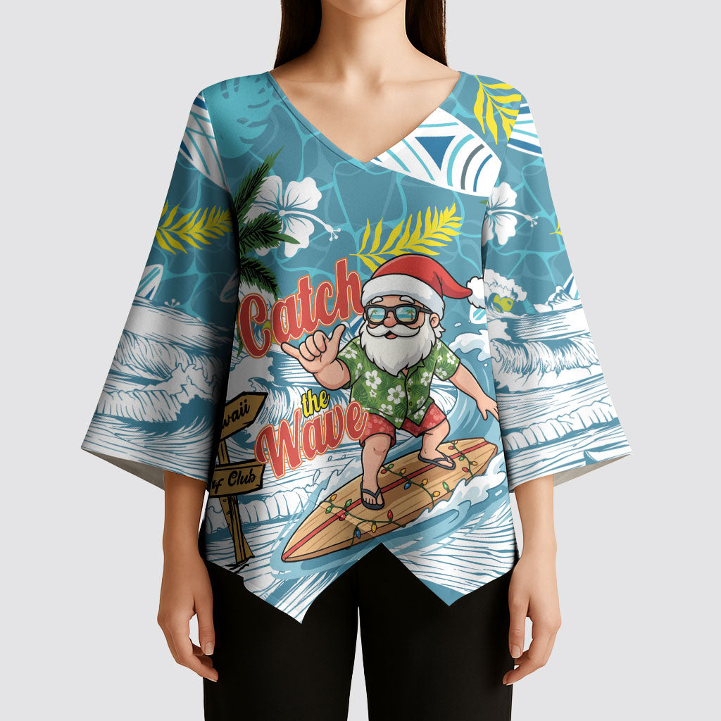 Hawaii Summer Christmas Kimono Sleeve Blouse Surfing Santa Shaka Catch The Wave