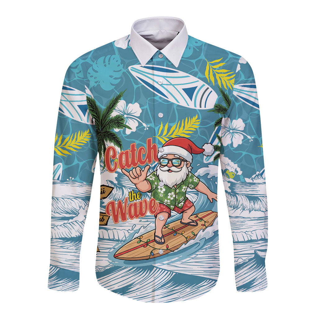 Hawaii Summer Christmas Long Sleeve Button Shirt Surfing Santa Shaka Catch The Wave LT14 Unisex Teal - Polynesian Pride