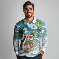 Hawaii Summer Christmas Long Sleeve Polo Shirt Surfing Santa Shaka Catch The Wave