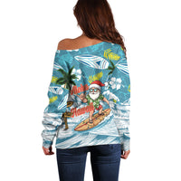 Hawaii Summer Christmas Off Shoulder Sweater Surfing Santa Shaka Catch The Wave
