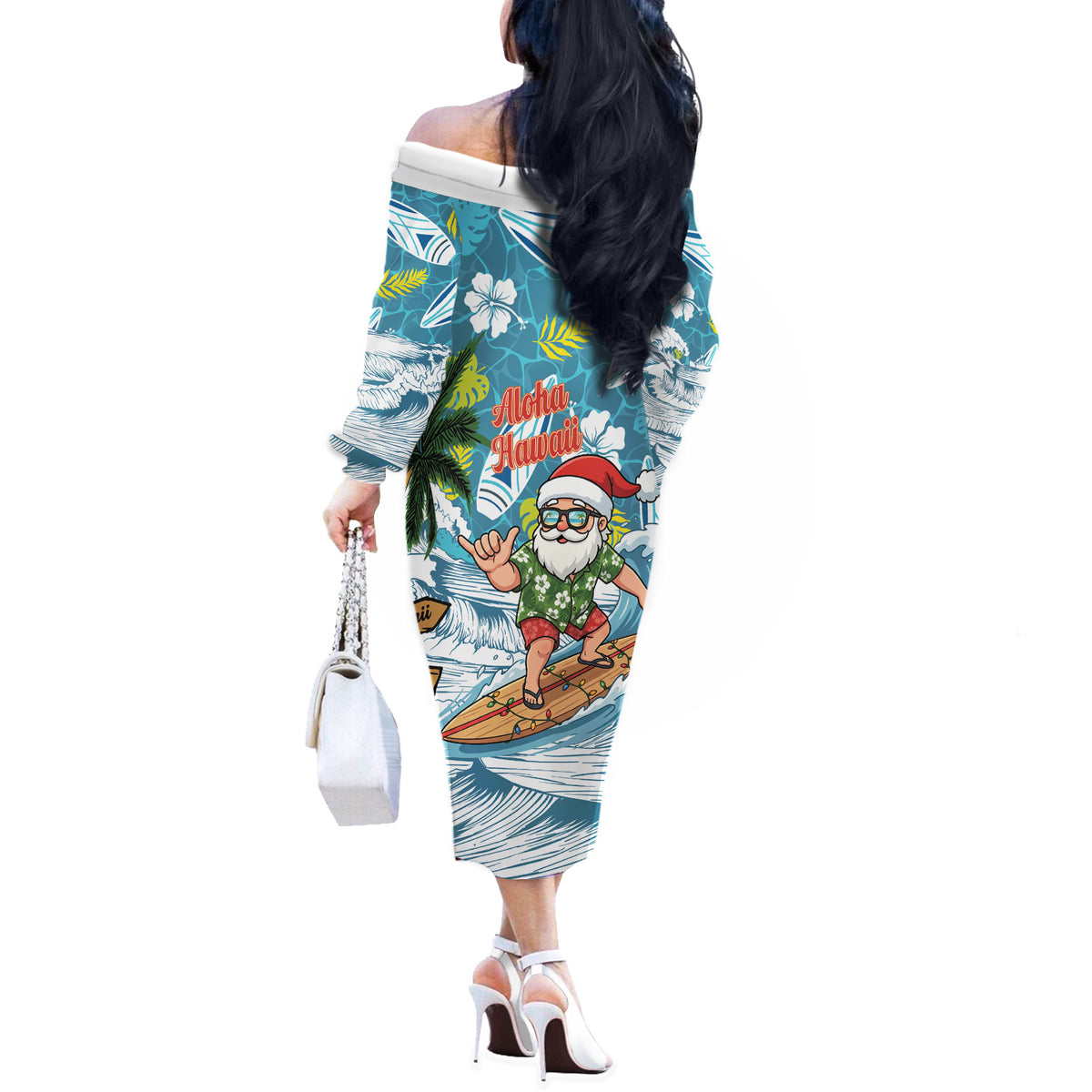 Hawaii Summer Christmas Off The Shoulder Long Sleeve Dress Surfing Santa Shaka Catch The Wave