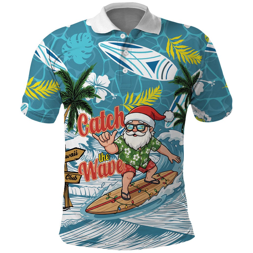 Hawaii Summer Christmas Polo Shirt Surfing Santa Shaka Catch The Wave