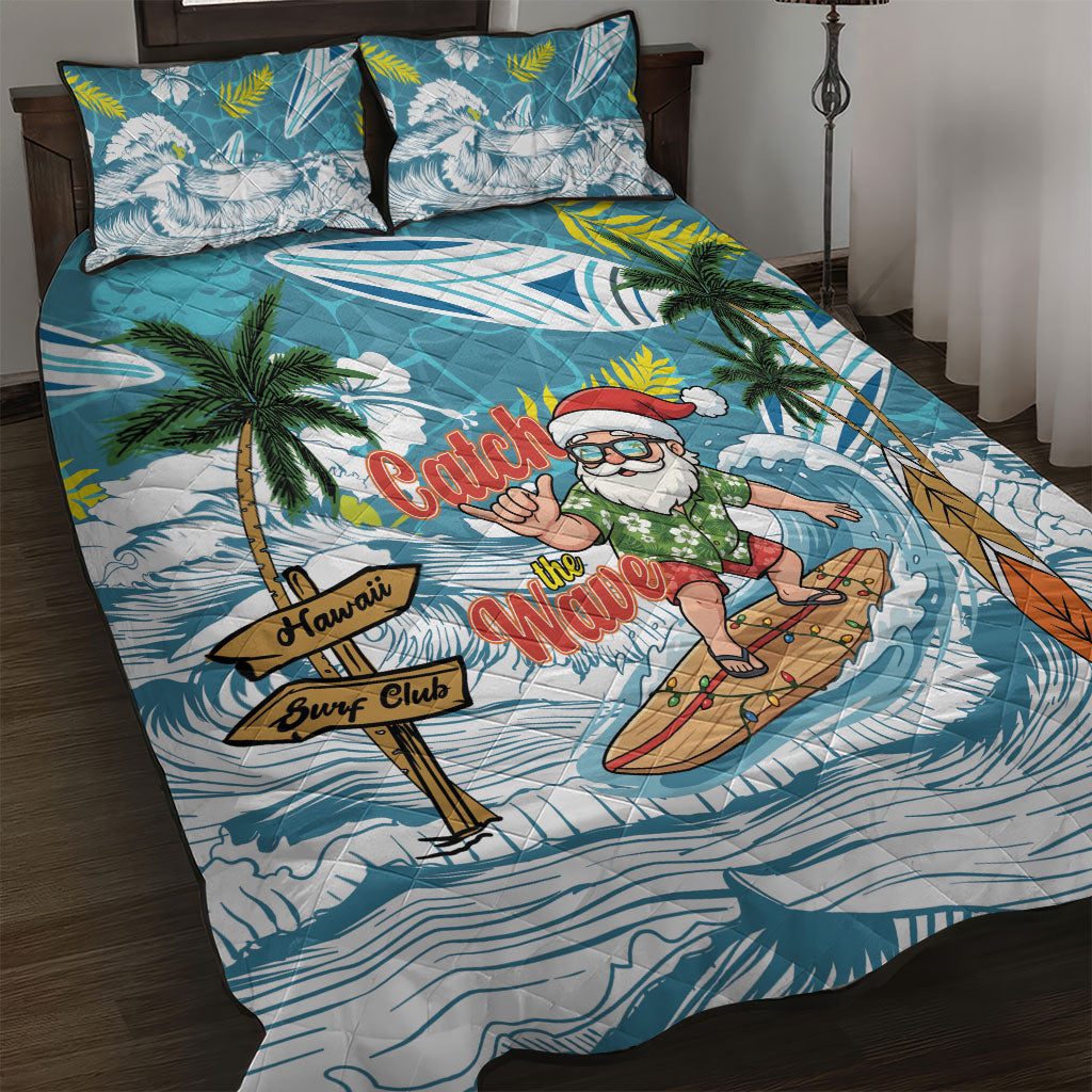 Hawaii Summer Christmas Quilt Bed Set Surfing Santa Shaka Catch The Wave