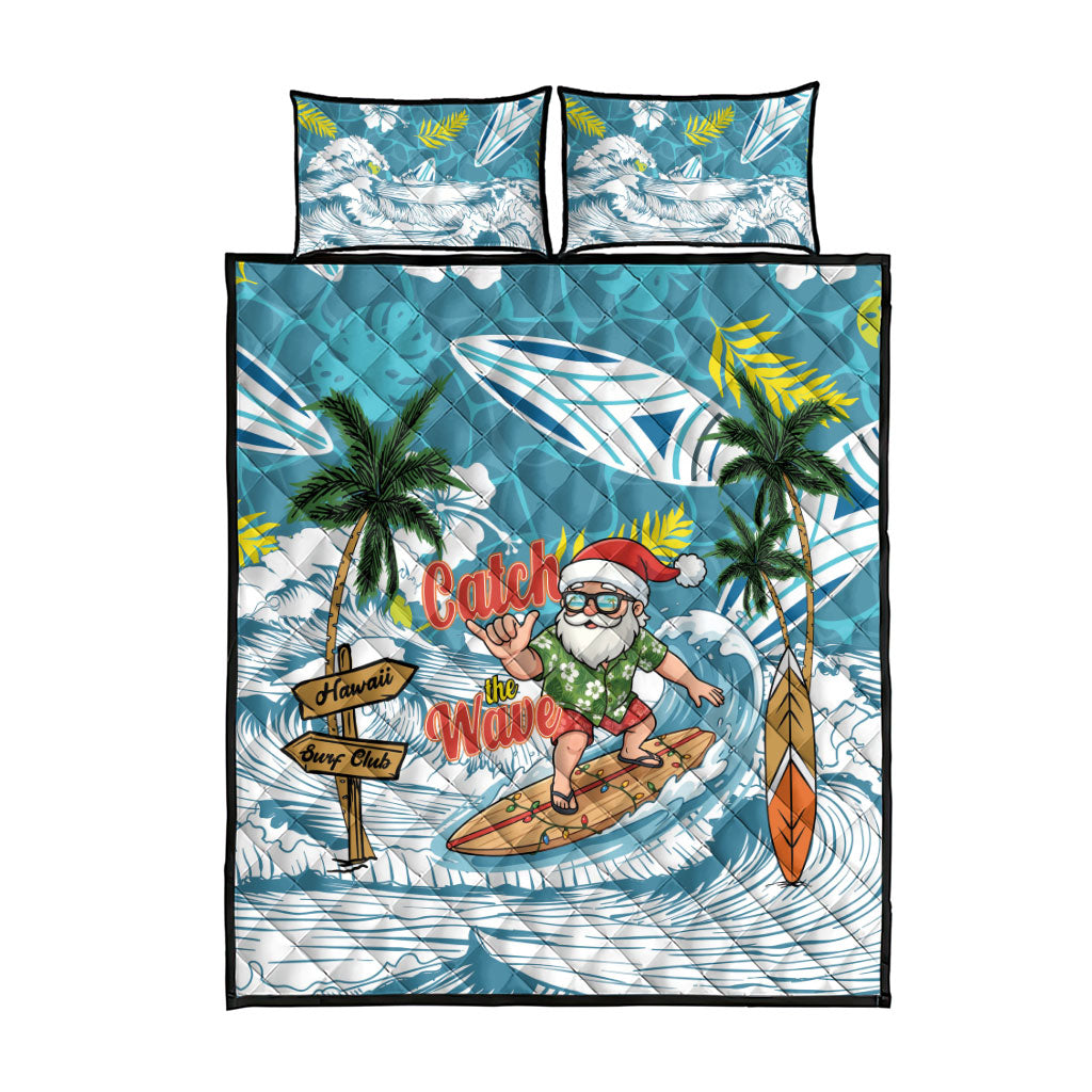 Hawaii Summer Christmas Quilt Bed Set Surfing Santa Shaka Catch The Wave