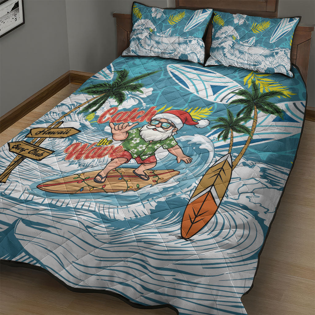 Hawaii Summer Christmas Quilt Bed Set Surfing Santa Shaka Catch The Wave