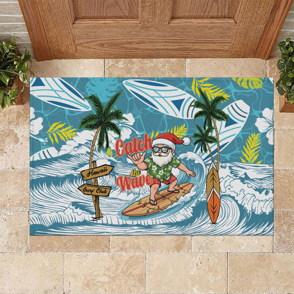 Hawaii Summer Christmas Rubber Doormat Surfing Santa Shaka Catch The Wave LT14 Teal - Polynesian Pride