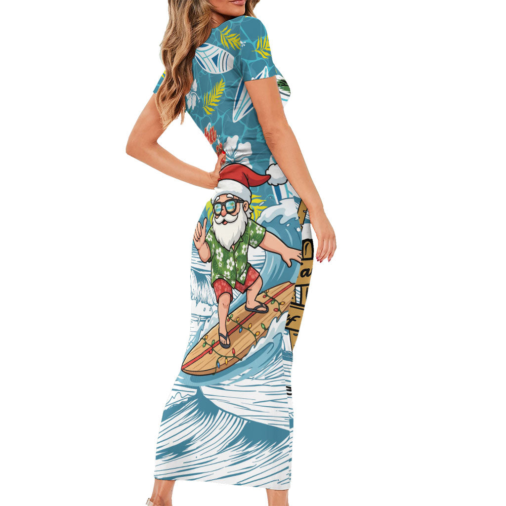 Hawaii Summer Christmas Short Sleeve Bodycon Dress Surfing Santa Shaka Catch The Wave