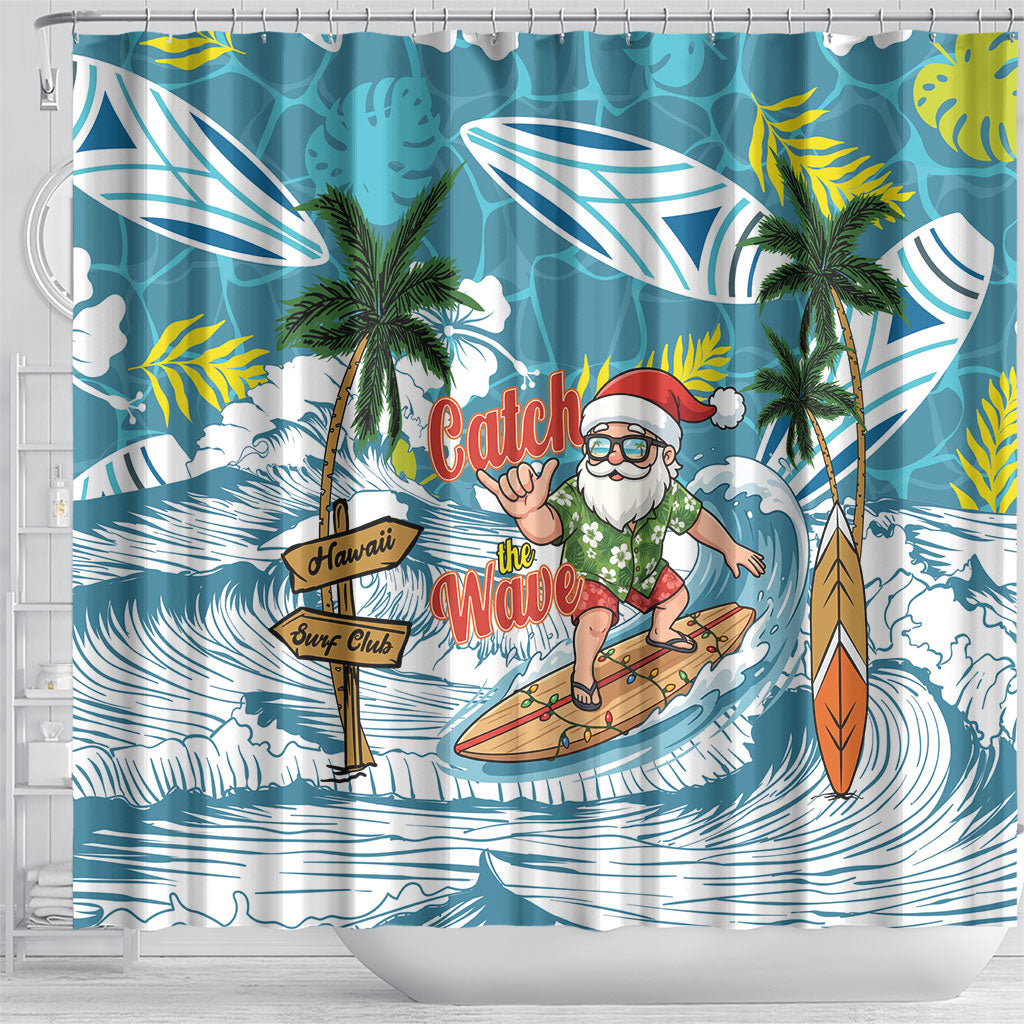 Hawaii Summer Christmas Shower Curtain Surfing Santa Shaka Catch The Wave