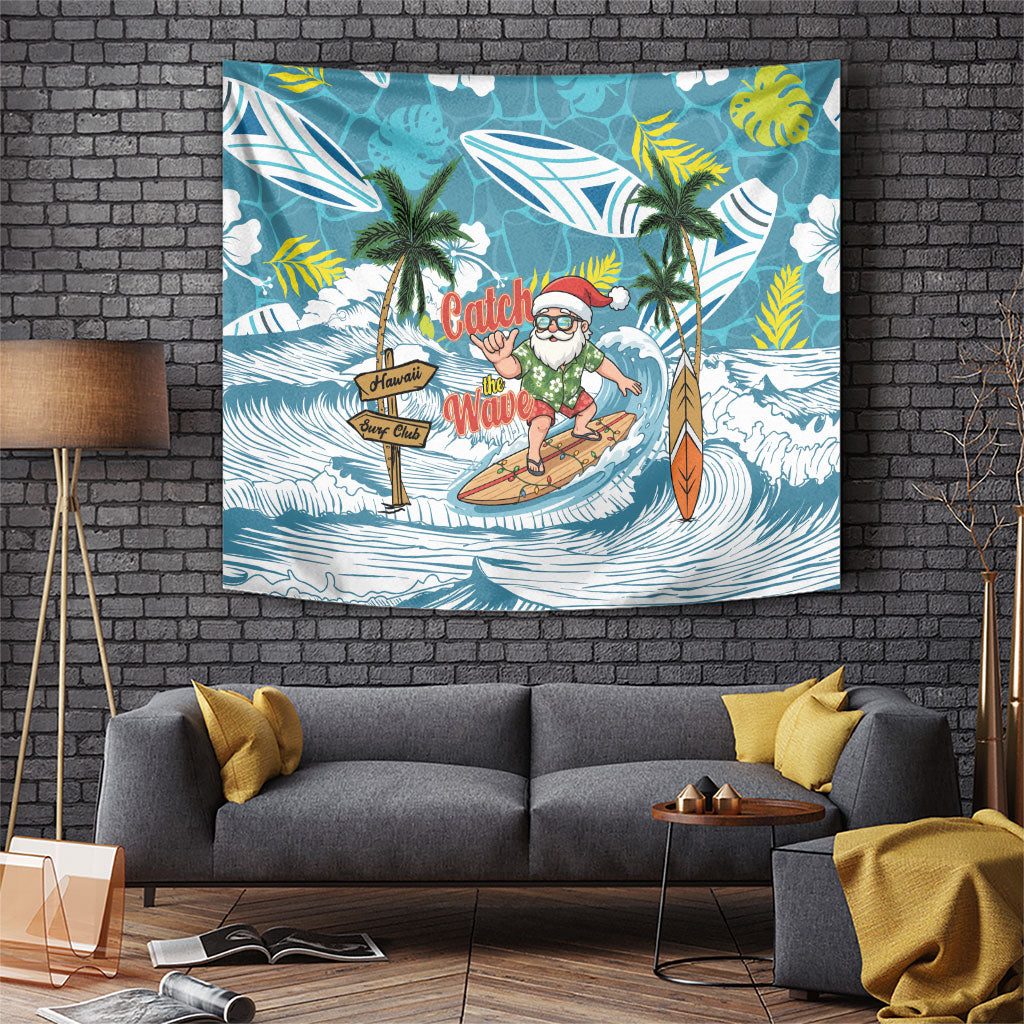 Hawaii Summer Christmas Tapestry Surfing Santa Shaka Catch The Wave LT14 Teal - Polynesian Pride