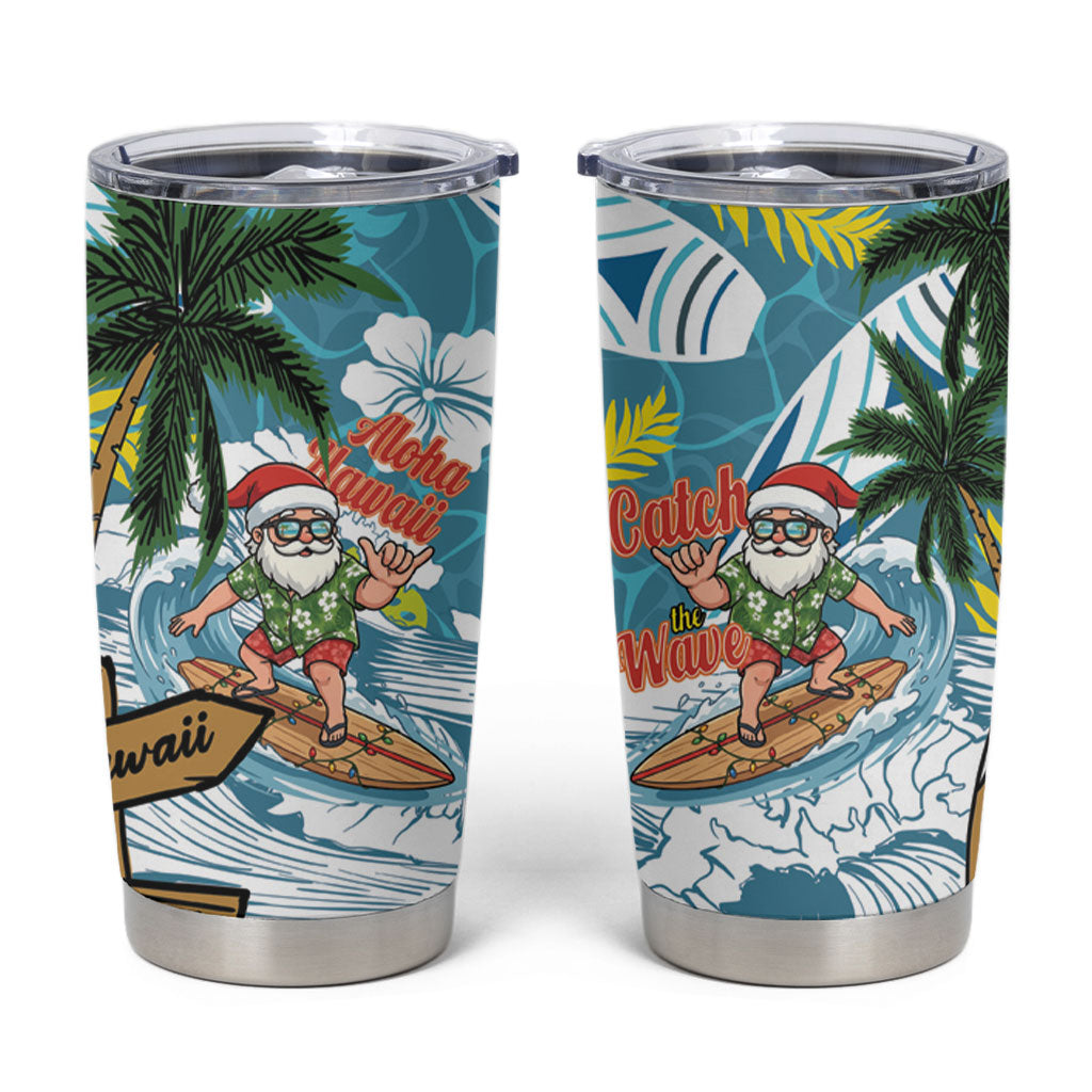 Hawaii Summer Christmas Tumbler Cup Surfing Santa Shaka Catch The Wave LT14 Teal - Polynesian Pride