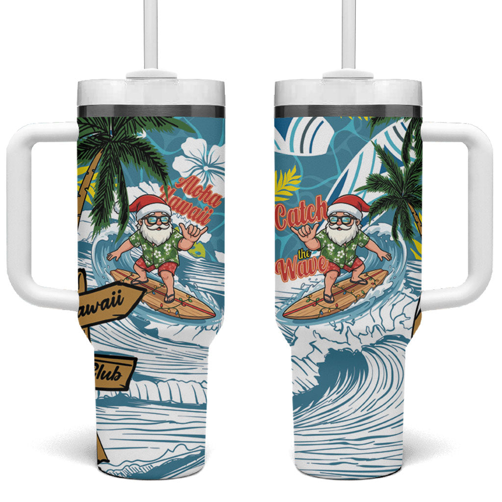 Hawaii Summer Christmas Tumbler With Handle Surfing Santa Shaka Catch The Wave