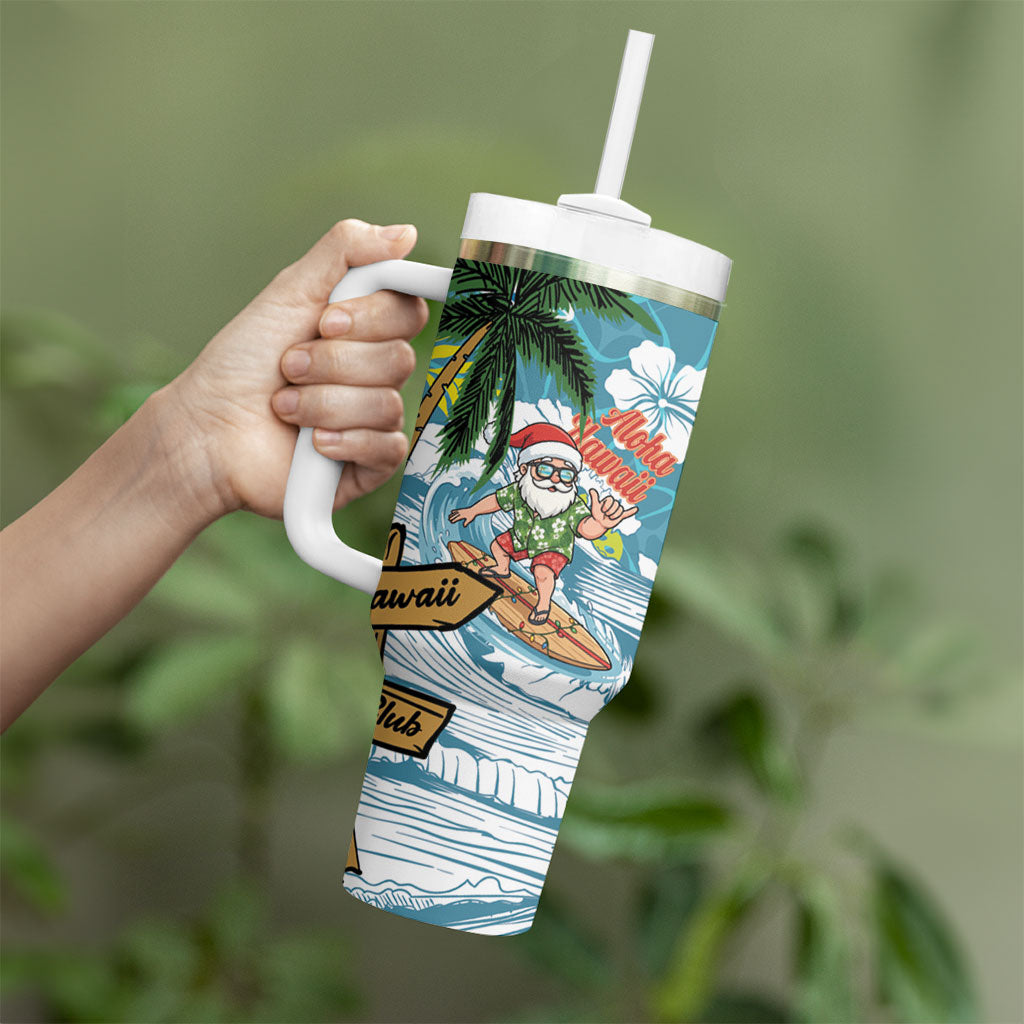 Hawaii Summer Christmas Tumbler With Handle Surfing Santa Shaka Catch The Wave