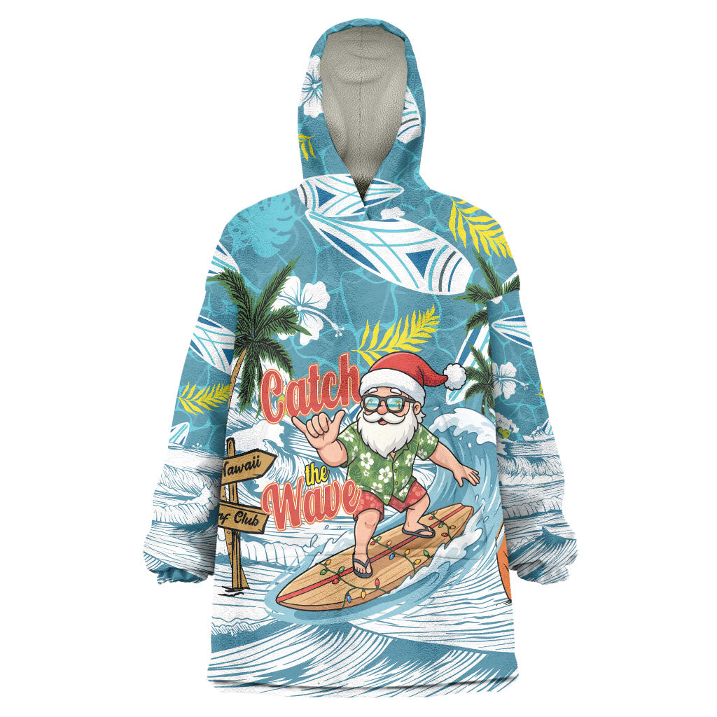 Hawaii Summer Christmas Wearable Blanket Hoodie Surfing Santa Shaka Catch The Wave