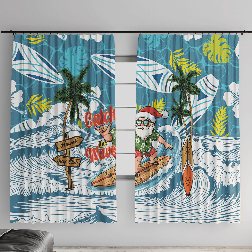 Hawaii Summer Christmas Window Curtain Surfing Santa Shaka Catch The Wave LT14 With Hooks Teal - Polynesian Pride