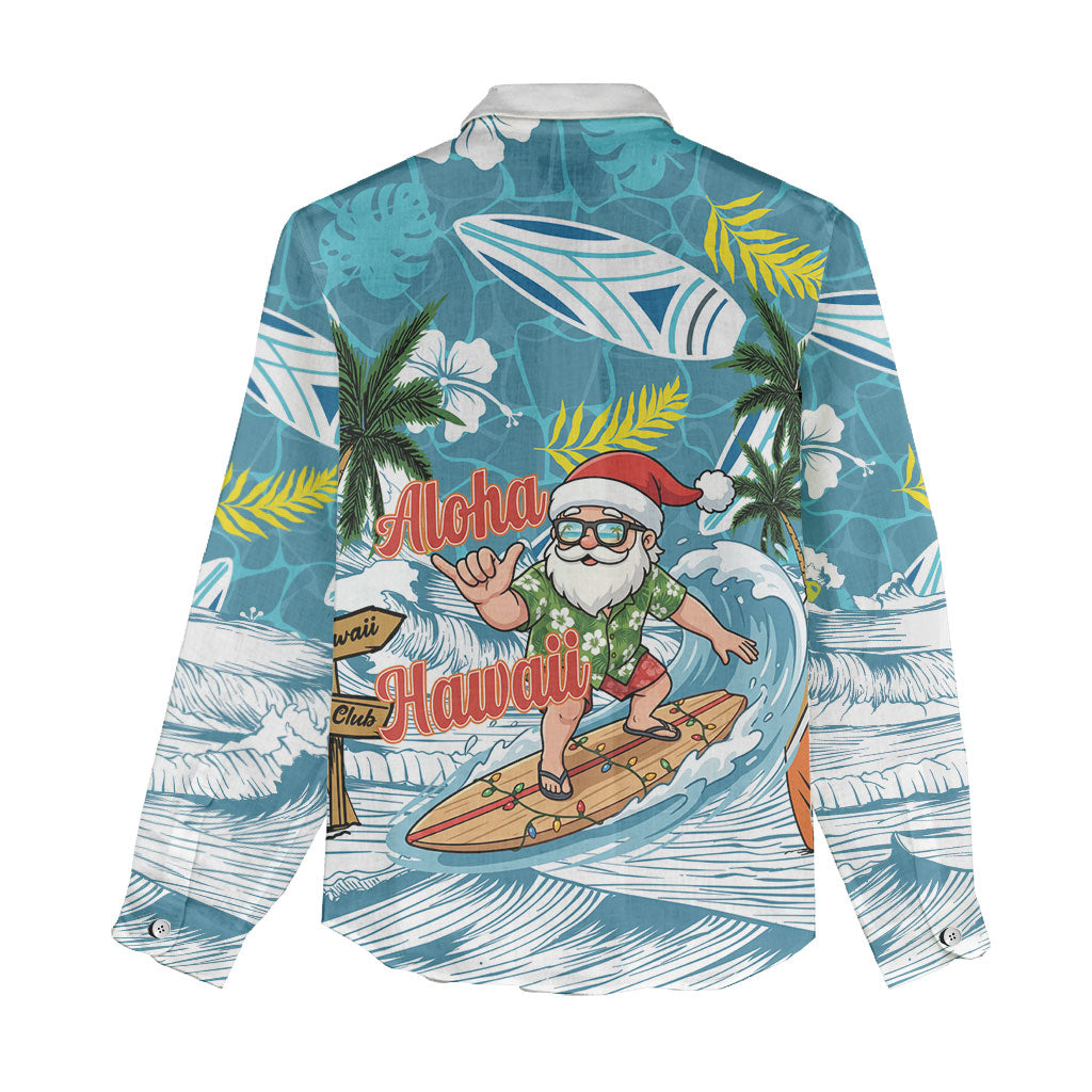 Hawaii Summer Christmas Women Casual Shirt Surfing Santa Shaka Catch The Wave