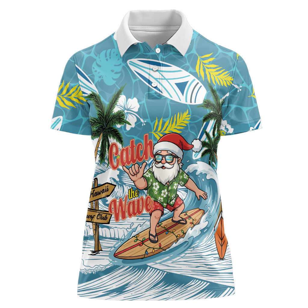 Hawaii Summer Christmas Women Polo Shirt Surfing Santa Shaka Catch The Wave LT14 Female Teal - Polynesian Pride