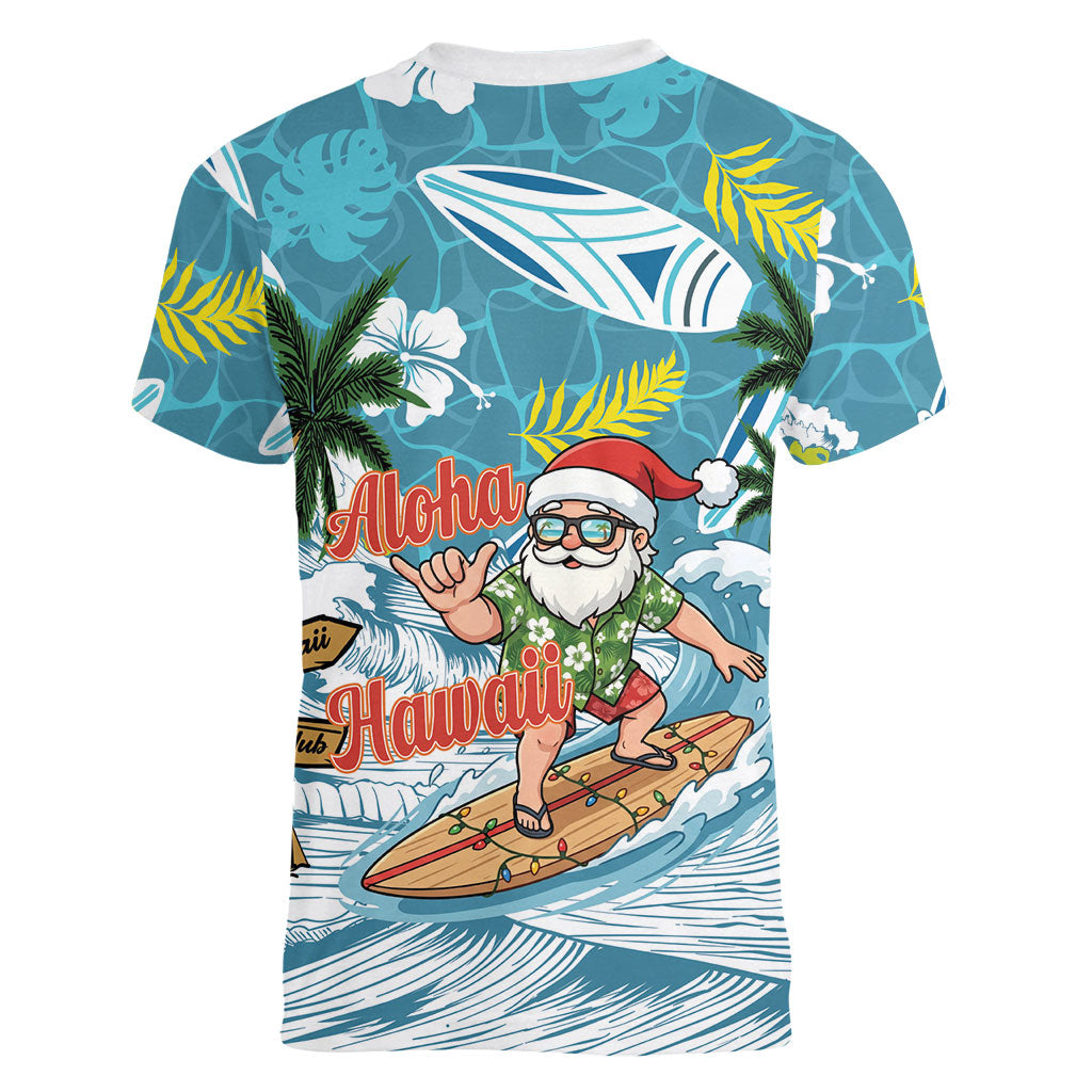 Hawaii Summer Christmas Women V-Neck T-Shirt Surfing Santa Shaka Catch The Wave