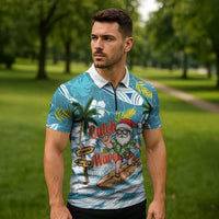 Hawaii Summer Christmas Zipper Polo Shirt Surfing Santa Shaka Catch The Wave
