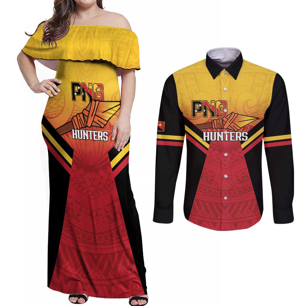 Papua New Guinea Rugby Custom Couples Matching Off Shoulder Maxi Dress and Long Sleeve Button Shirt Go PNG Hunters Polynesian Pattern - Polynesian Pride